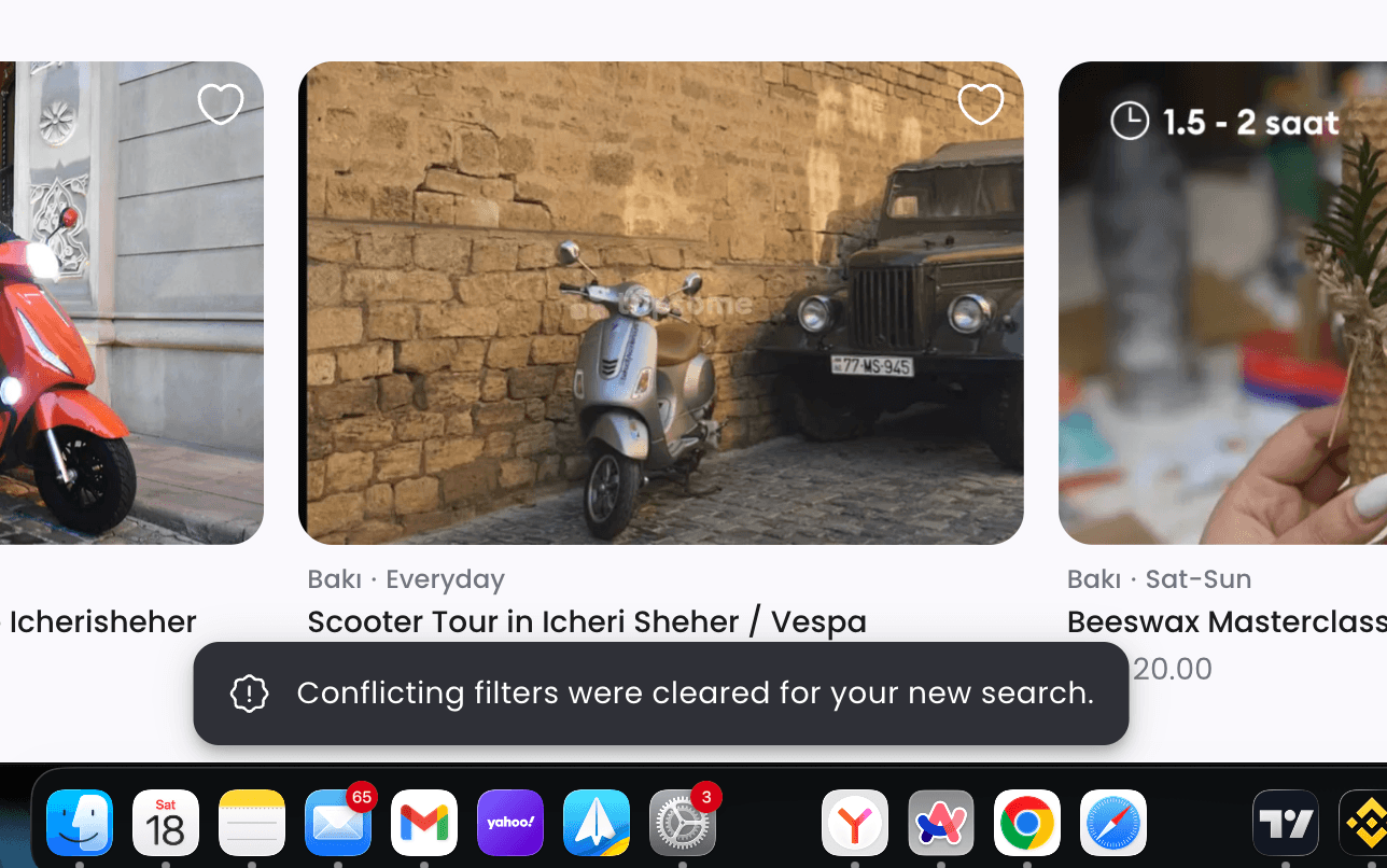 Snackbar explaining that conflicting filters were cleared for a new search