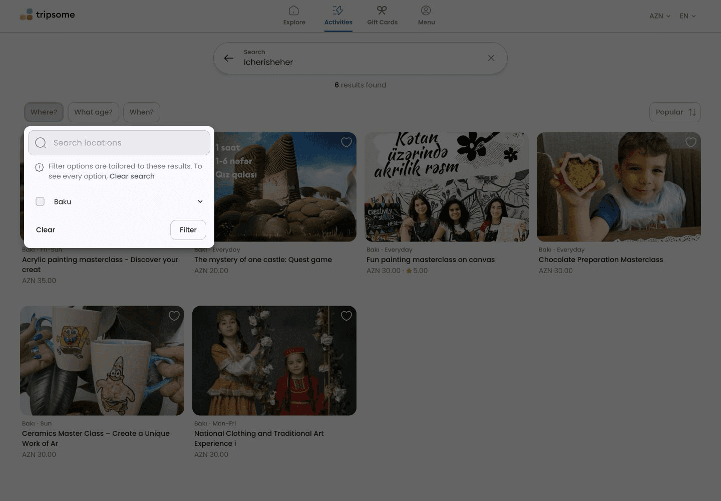 Location filter narrowed to the current search results with helper message