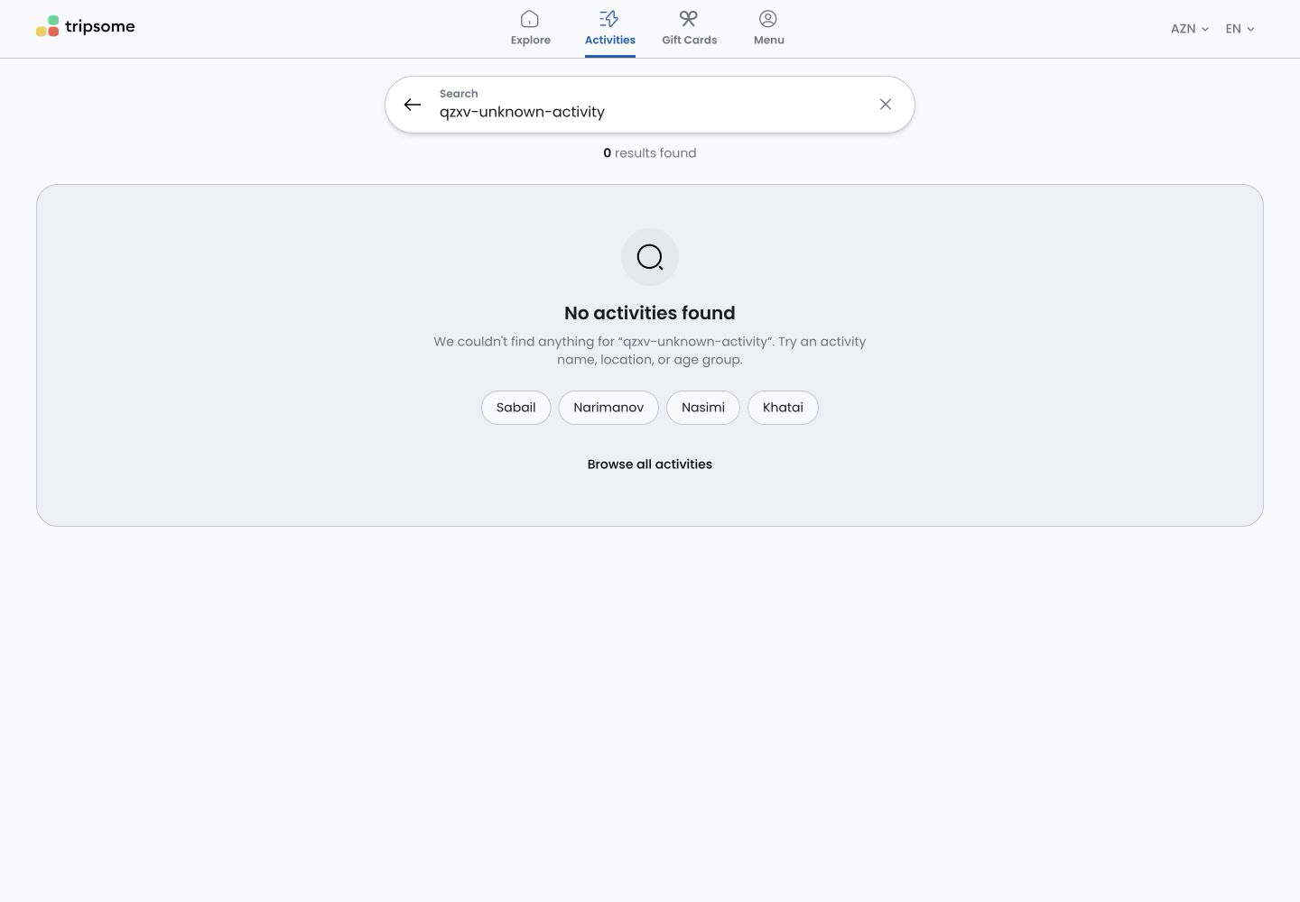 Activity search empty state with recovery suggestions