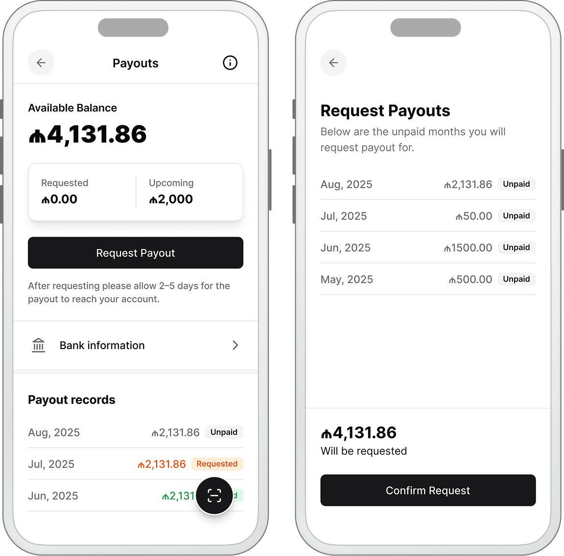 Payout balance, request, bank information, and status screens