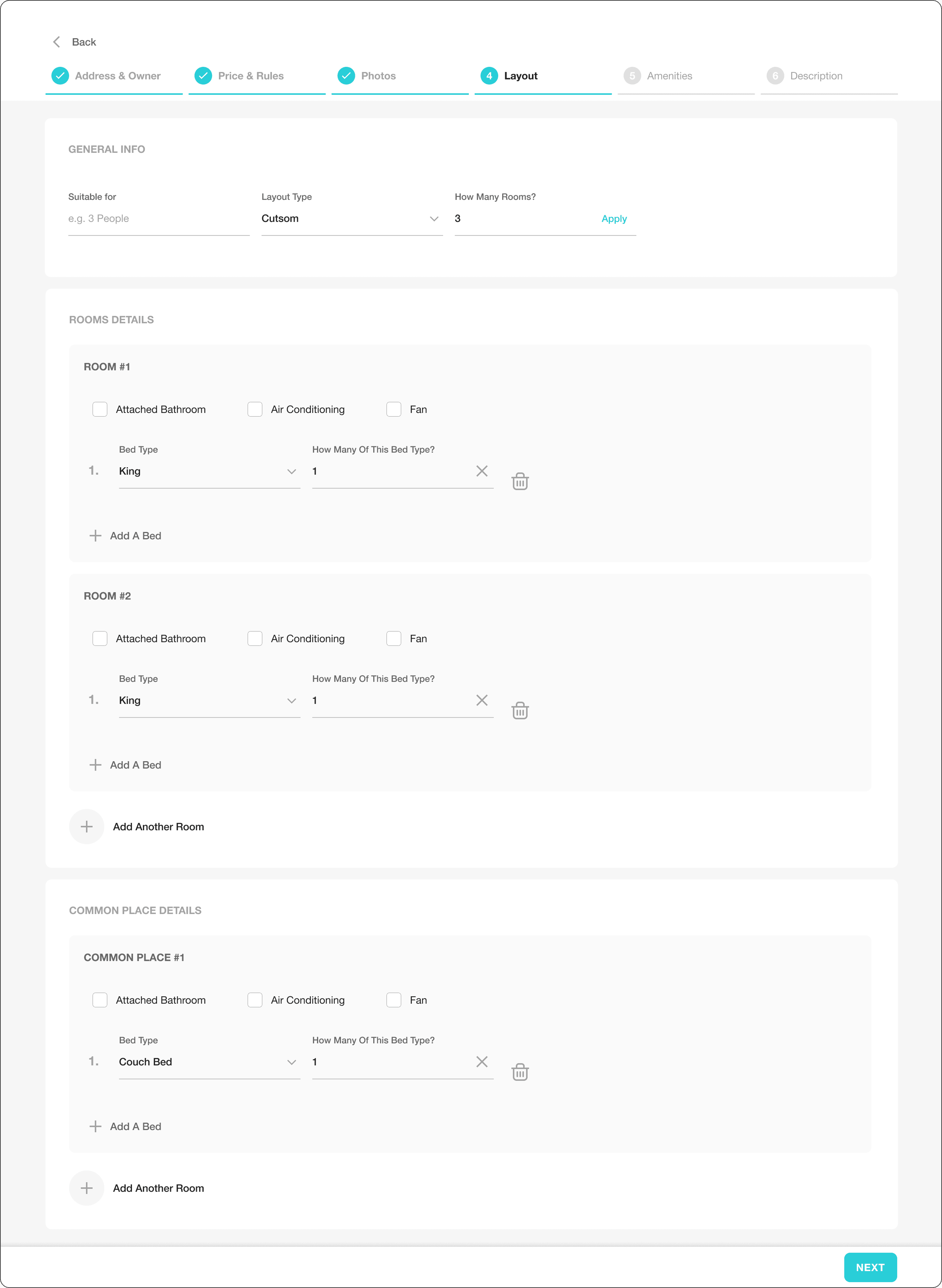 Stays Management layout step