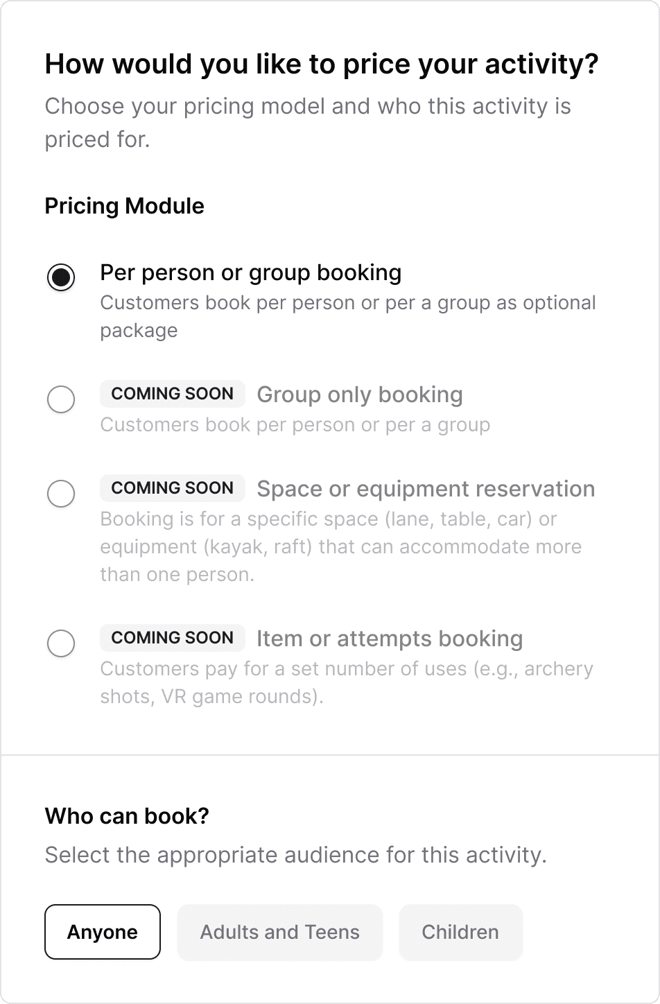 Support for multiple business models in activity pricing and audience setup